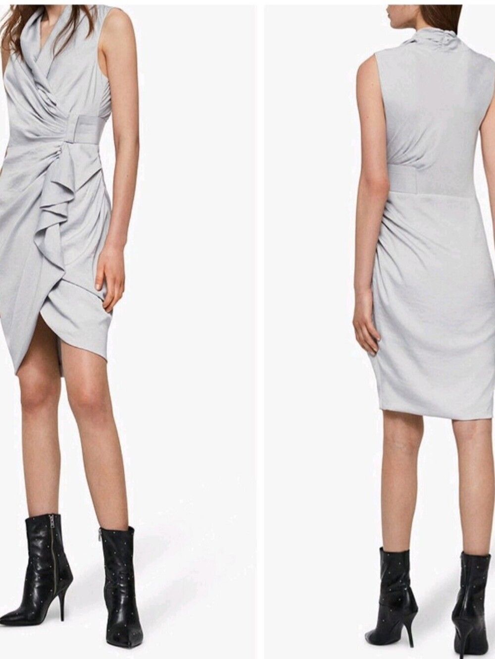 AllSaints Light Gray Sleeveless Ruched Wrap Midi Dress Size 4